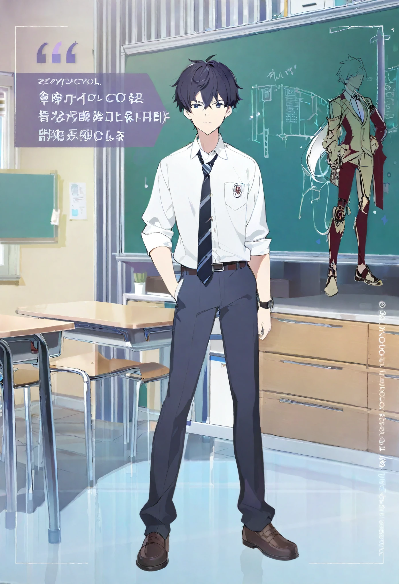 One Man,high school student,School,shirt,tie,whole body,Concept Art,