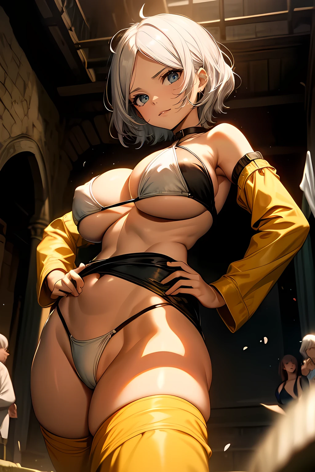 (Masterpiece, High Quality, Top quality, High-Detailed, Detailed CG, Cinematic Shadow, Cinematic Scene, Beautiful Detailed Eyes, Ultra Resolution, Depth of Field), Looking At The Audience, Looking Down, Looking At The Audience Below, (Blush Expression:1.2), (Angry Expression:1.2), (SFW:1.2), Blue Eye, Silver Hair, White Hair, Short Hair, Five Fingers, Good Composition, Arms, (Bikini:1.2), (Black Bikini:1.0), (Swimsuitt:1.0), (Black Swimsuit:1.0), Thicc Thighs, Thick, Large Breasts, Huge Breast, Dark Background, Blur Background, Castle Room, European Room