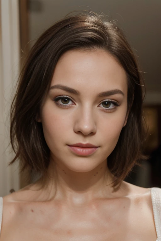 une femme, 25 ans, delicate, cheveux de longueur moyenne, Cheveux bruns, skin details, pores de la peau, éclairé par les flashs des photographes, posant, Photo shoot, To L'interior of'a huge bush of red roses, lingerie rose