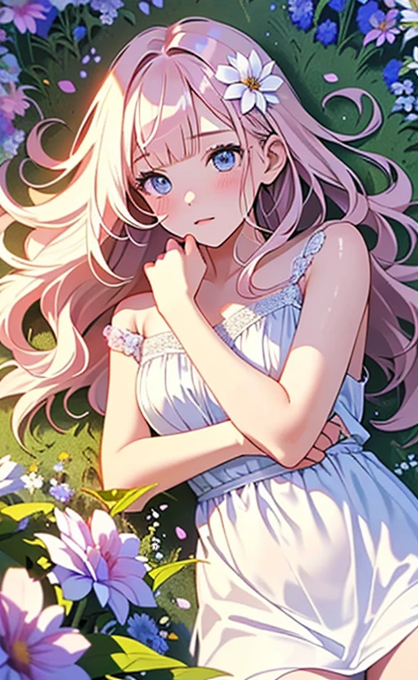 (masterpiece:1.4、top-quality、illustration:,realistic、)、(character focus、,cowboy shot:1.3)、(1girl),(clear face:1.3),(),cute face,blue eyes、(tareme:1.3)、(from above),
(Lying in a flower field:1.4),(fetal position:1.4)、(looking out:1.4),、
(pink blonde hair),(very long hair:1.5)、
,(Flower Field:1.3、Flower storm:1.3),(white camisole dress:1.5),
(blunt bangs),(volumey,sidelocks,wavy hair:1.3), (small breasts)、
、slender、