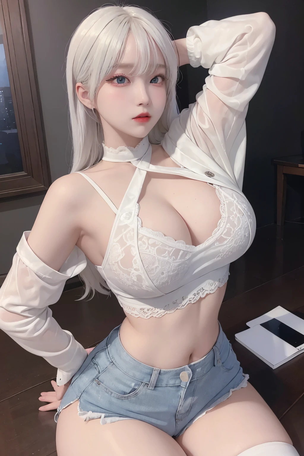 photorealistic, high resolution, 1 girl, white hair, korean, blue eyes, white sexy lace shirt, lace skimpy tight black shorts, thick thighs, lace crop top sexy