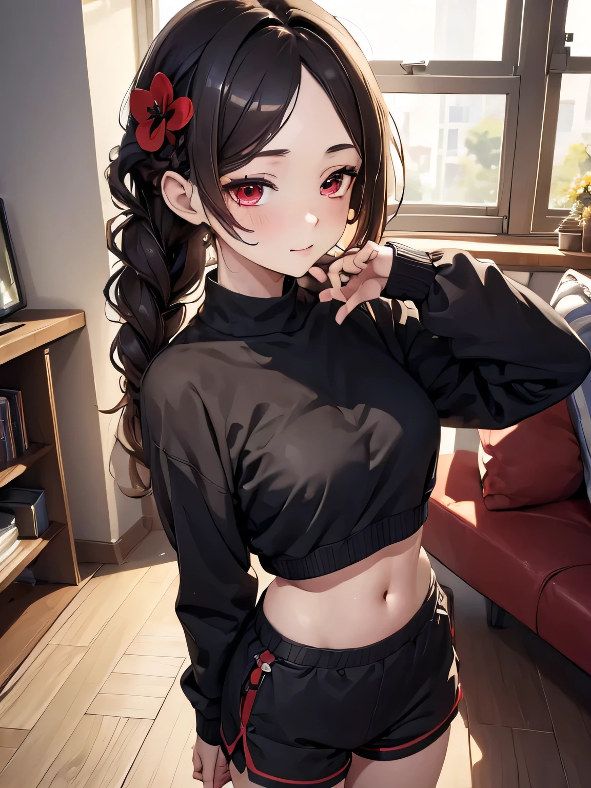 (masterpiece, best quality:1.4), 8k, brunette Hair, Messy Braided hair, Young adult, anime girl, slight smile, light red Eyes, really big chest, in Livingroom, Black cropped Sweater flower pattern, Black hotpants (detailed eyes and face, sharp pupils, realistic pupils:0.6)