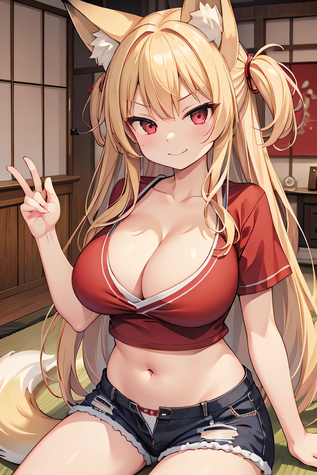 highest quality、Smirking face、Big Breasts、Cleavage、belly button、Fox ears、Long blonde、Red Eye、T-Shirts、Shorts、Japanese-style room
