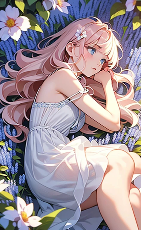 (masterpiece:1.4、top-quality、illustration:,realistic、)、(character focus、,cowboy shot:1.3)、(1girl),(clear face:1.3),(),cute face,blue eyes、(tareme:1.3)、(from above),
(Lying in a flower field:1.4),(fetal position:1.4)、(looking out:1.4),、
(pink blonde hair),(very long hair:1.5)、
,(Flower Field:1.3、Flower storm:1.3),(white camisole dress:1.5),
(blunt bangs),(volumey,sidelocks,wavy hair:1.3), (small breasts)、
、slender、