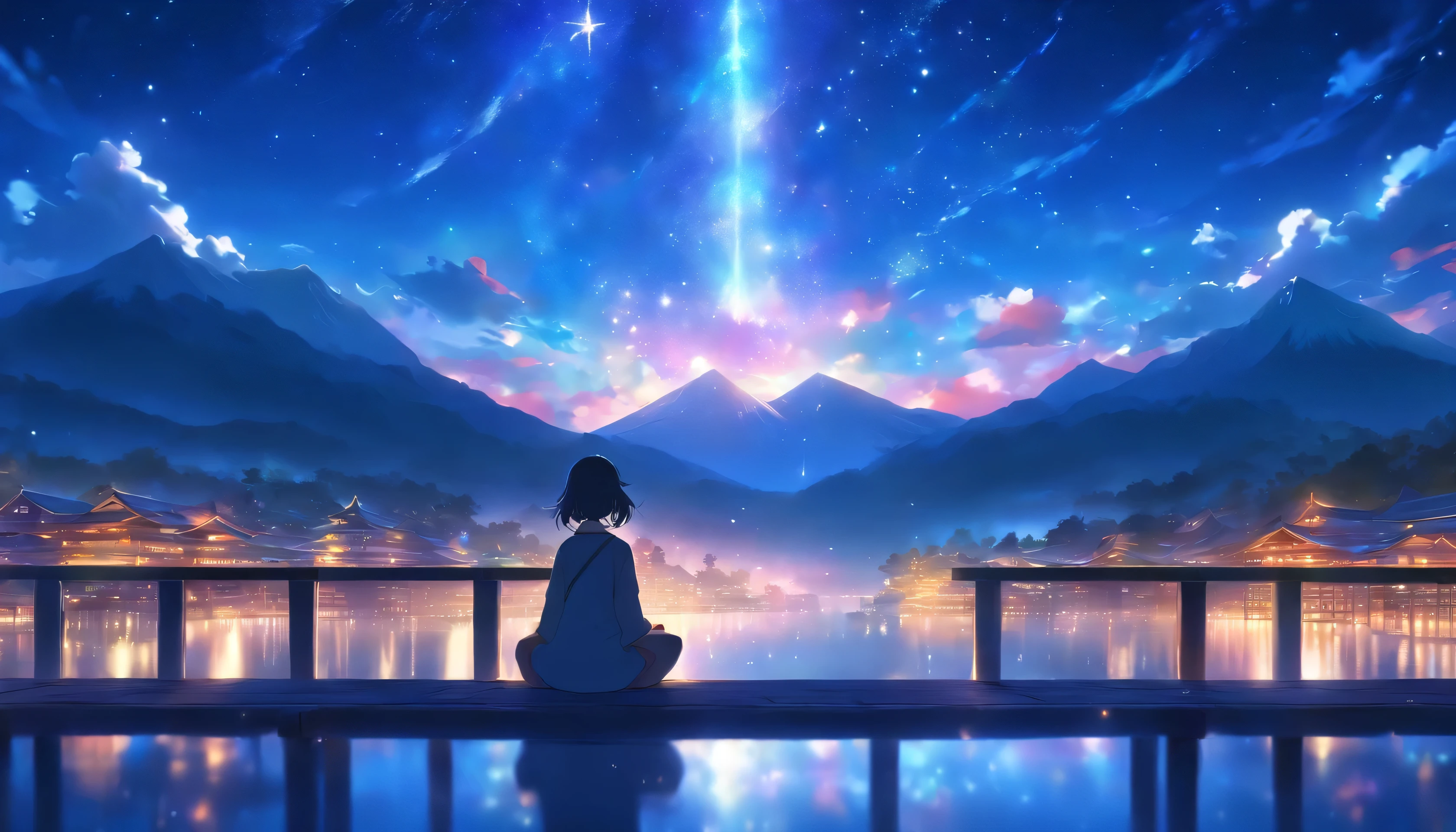 At night on the pier、A girl meditates while gazing at the starry sky with a mountain peak in the background