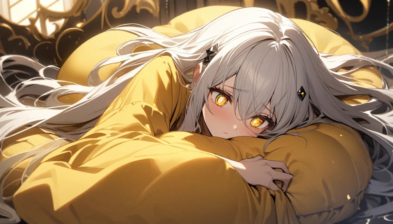 A woman, flowing white hair, melancholy eyes, yellow pupils, black diamond-shaped hairpin, The body sinks into a super huge golden silk cushion