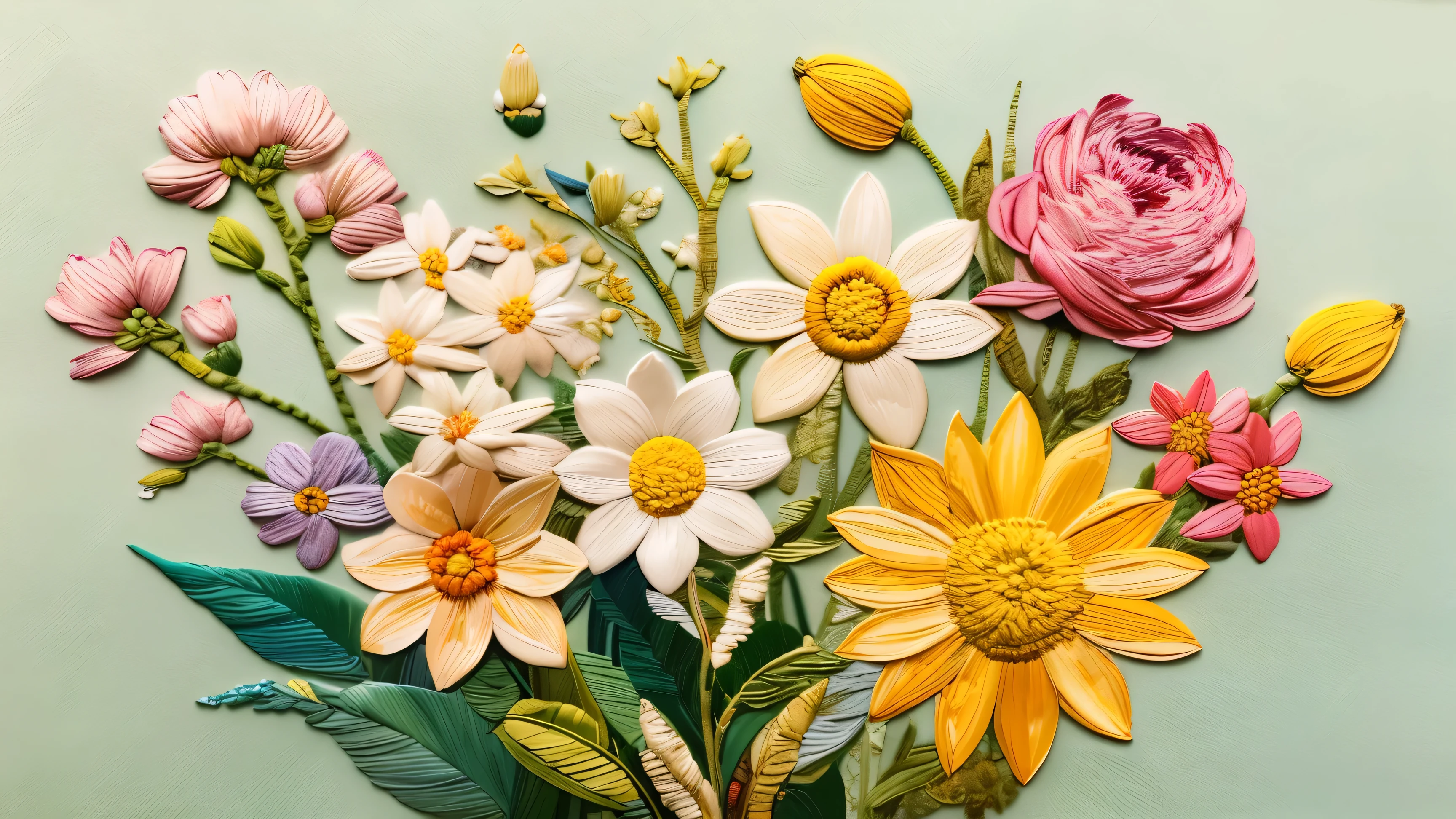White flowers on green background yellow buds, layered paper art, Paper plastic art, depict a flower, paper art, Oil painting relief, paper flowers, flowers, flowers in bloom and in background, surrounded flowers, Fine art in every detail, detailed flowers, Intricate and accurate details