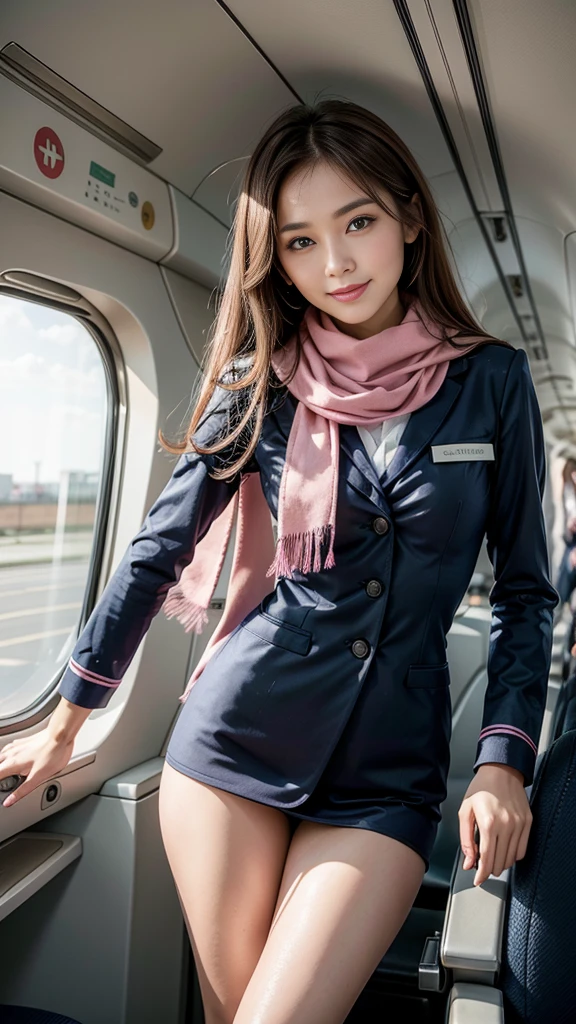 Ultra-high resolution, Ultra-realistic, (whole body), Gorgeous young girl, 24-years-old, Narrow waist, (skinny:1.6), Thin legs, ((Navy blue and pink scarf stewardess uniform))Wearing,(Brown color hair ), 珰, (Collier beautiful model:1.1), The background is in-flight、((What a lovely smile))、(Sexy、Attractive eyes)