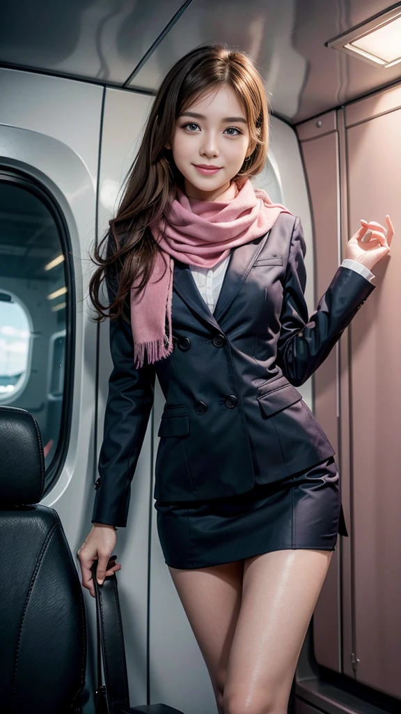 Ultra-high resolution, Ultra-realistic, (whole body), Gorgeous young girl, 24-years-old, Narrow waist, (skinny:1.6), Thin legs, ((Navy blue and pink scarf stewardess uniform))Wearing,(Brown color hair ), 珰, (Collier beautiful model:1.1), The background is in-flight、((What a lovely smile))、(Sexy、Attractive eyes)