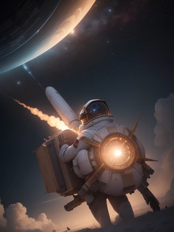 ((masterpiece, highest quality, Best image quality, High resolution, Realistic, RAW Photos, 8k)), Huge spaceship, Interstellar space emits light uniformly, Astronaut floating in the vastness of space, background, Receiving the light of a small star, Astronaut floating in interstellar space, Flying through space using rocket propulsion from a backpack, ((Add a motion blur effect to make the star&#39;s light radiate.)),A woman wearing a heavy space suit, A helmet with a large glass surface through which you can see the face of a woman inside