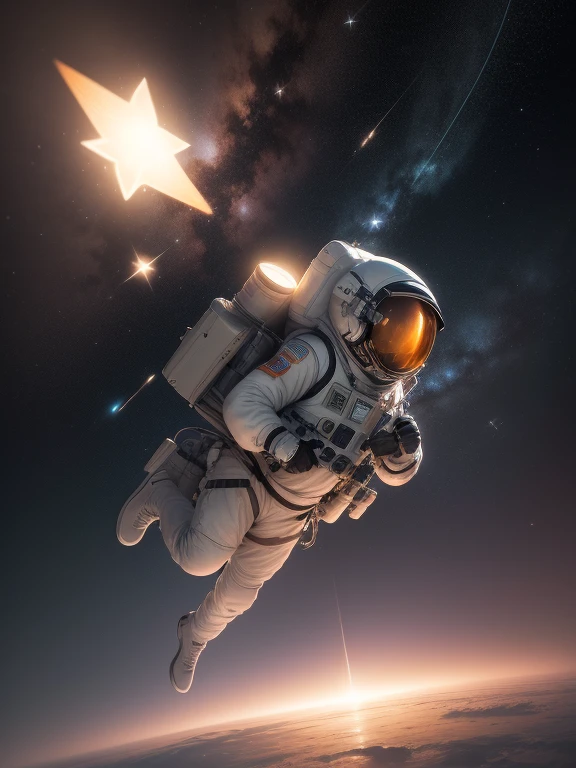 ((masterpiece, highest quality, Best image quality, High resolution, Realistic, RAW Photos, 8k)), Huge spaceship, Interstellar space emits light uniformly, Astronaut floating in the vastness of space, background, Receiving the light of a small star, Astronaut floating in interstellar space, Flying through space using rocket propulsion from a backpack, ((Add a motion blur effect to make the star&#39;s light radiate.)),A woman wearing a heavy space suit, A helmet with a large glass surface through which you can see the face of a woman inside