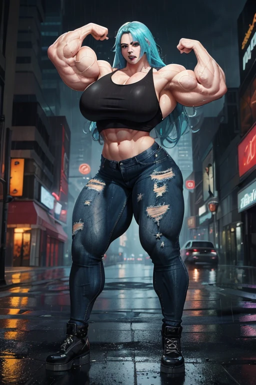 ((((Massive, beautiful, buff, soaking wet, pale white skinned, muscular woman with wet cyan hair, black lipstick, ginormous bulky muscles, flexing biceps and wearing a tight black tank top and denim pants)))), close view, massive muscles, massive biceps, hyper muscle triceps, (long beachy hair), purple eyes, fingerless gloves, high heels boots, (in a heavily rainy street), night, smug smile, hyper muscles arms, hyper muscle legs, massive arms.