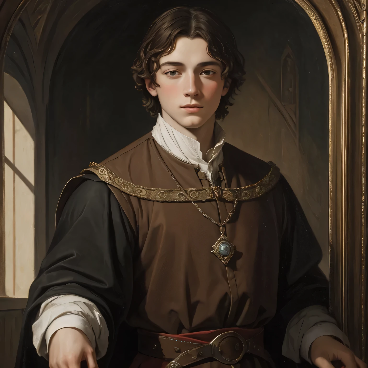 Oil painting of a medieval young earl, 16th century oil painting portrait, Alfie Owen-Allen, oil painting filter, young face