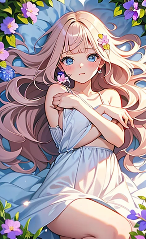 (masterpiece:1.4、top-quality、illustration:,realistic、)、(character focus、,cowboy shot:1.3)、(1girl),(clear face:1.3),(),cute face,blue eyes、(tareme:1.3)、(from above),
(fetal position in a flower field:1.4),(fetal position:1.4)、(looking out:1.5),、
(pink blonde hair),(very long hair:1.5)、
,(Flower Field:1.3、Flower storm:1.3),(white camisole dress:1.5),
(blunt bangs),(volumey,sidelocks,wavy hair:1.3), (small breasts)、
、slender、