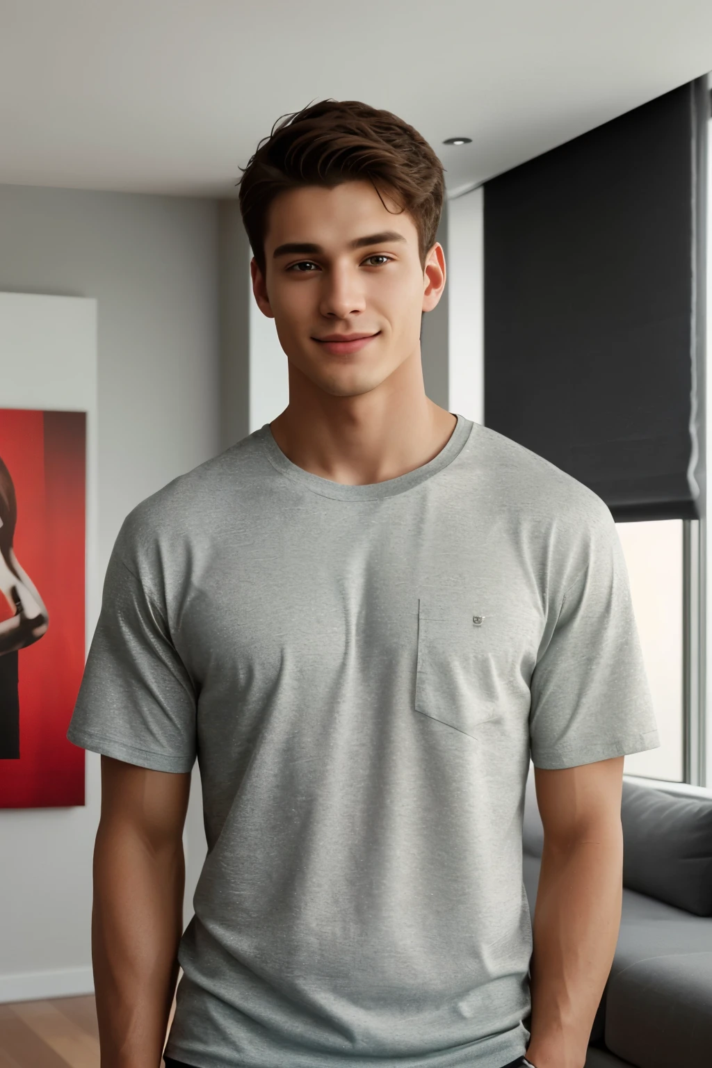 (photo-realistic:1.2,ultra-detailed,realistic:1.37),20-year-old American man standing in a modern living room, wearing a vibrant red T-shirt, confidently looking into the camera, capturing his youthful energy and charisma. The medium shot perfectly frames his slim yet athletic build, highlighting his broad shoulders and chiseled features. His radiant smile reveals his friendly and approachable personality. The meticulously rendered texture of his T-shirt adds depth and realism to the image, showcasing the finest details of the fabric. The 4K resolution ensures every aspect of this portrait is sharp and lifelike, accentuating his flawless skin, subtle facial hair, and striking eyes. The modern living room serves as a stylish backdrop, characterized by sleek furniture, contemporary design elements, and abundant natural light flowing through large windows. The overall color scheme is warm and inviting, with a harmonious blend of earth tones and pops of vibrant hues, perfectly complementing the man's confident presence. The lighting elegantly emphasizes his facial features, casting subtle shadows that add depth and dimension to the image. This photo-realistic portrait captures the essence of modern youth and showcases the brilliance of contemporary digital art.