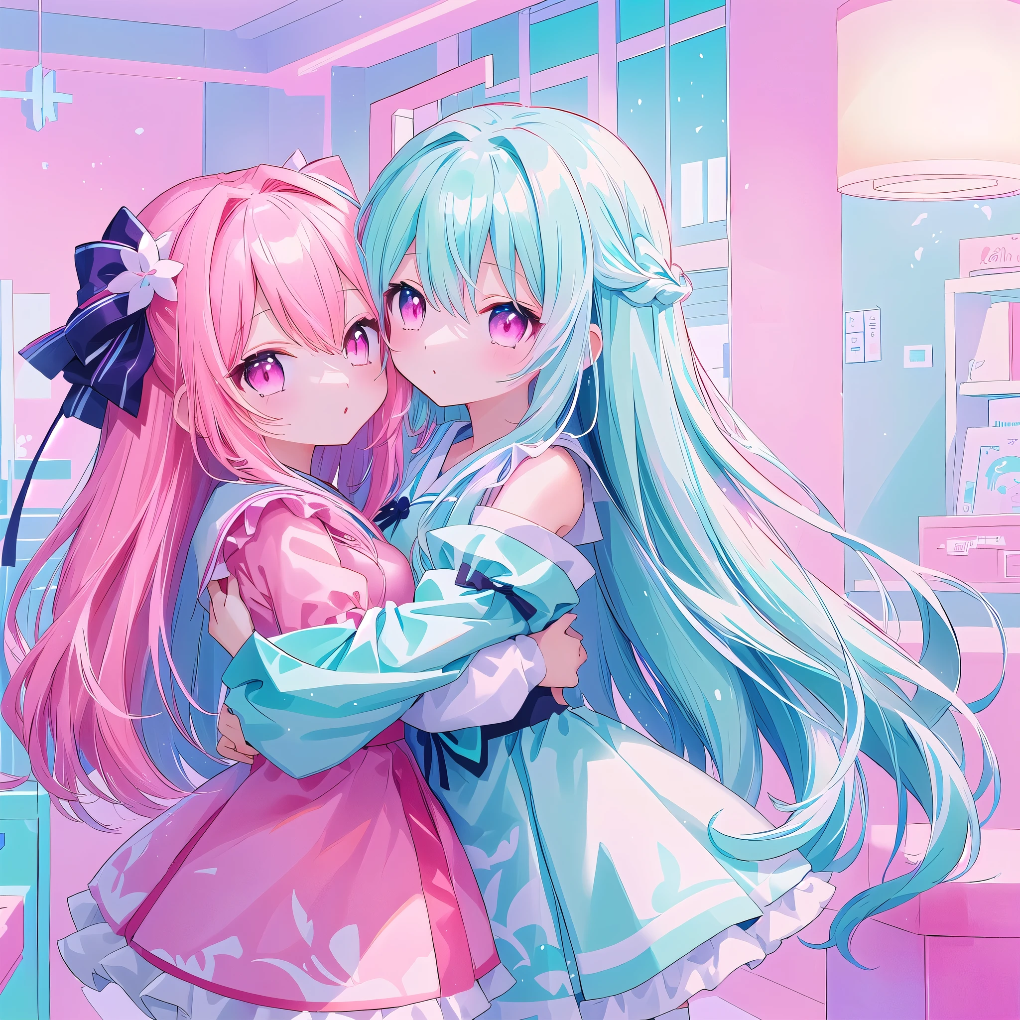 Anime girl hugging another girl in the room with pink background, Two beautiful anime girls, 动漫风格 4色Double tail头发和青色眼眸, Vermillion and Cyan, anime art wallpaper 8 k, Digital art on pixiv, Double tail, Lovely art style, Cyan and Magenta, Anime Art Wallpaper 4K, Anime Art Wallpaper 4K