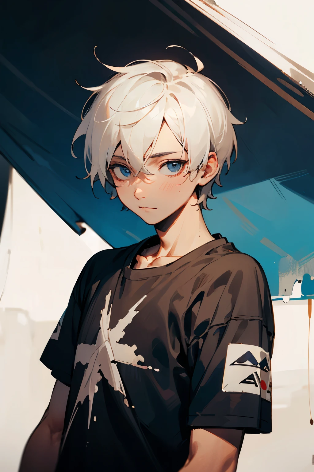 Man with short white hair, fine eyes, tattered short sleeves, upper body, refugee camp background