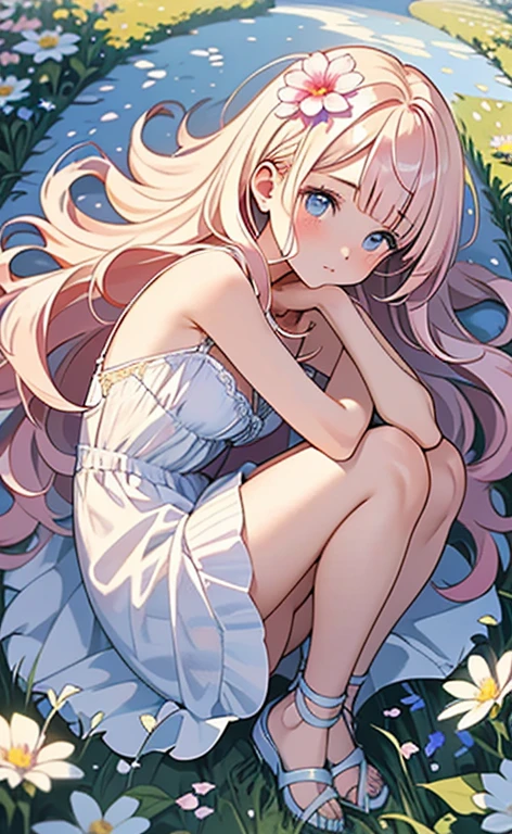 (masterpiece:1.4、top-quality、illustration:,realistic、)、(character focus、,cowboy shot:1.3)、(1girl),(clear face:1.3),(),cute face,blue eyes、(tareme:1.3)、(from above),
(Lying in a flower field:1.4),(fetal position:1.4)、(looking out:1.4),、
(pink blonde　hair),(very long hair:1.5)、
,(Flower Field:1.3、Flower storm:1.3),（white camisole dress:1.5),
(blunt bangs),(volumey,sidelocks,wavy hair:1.3), (small breasts)、
、slender、