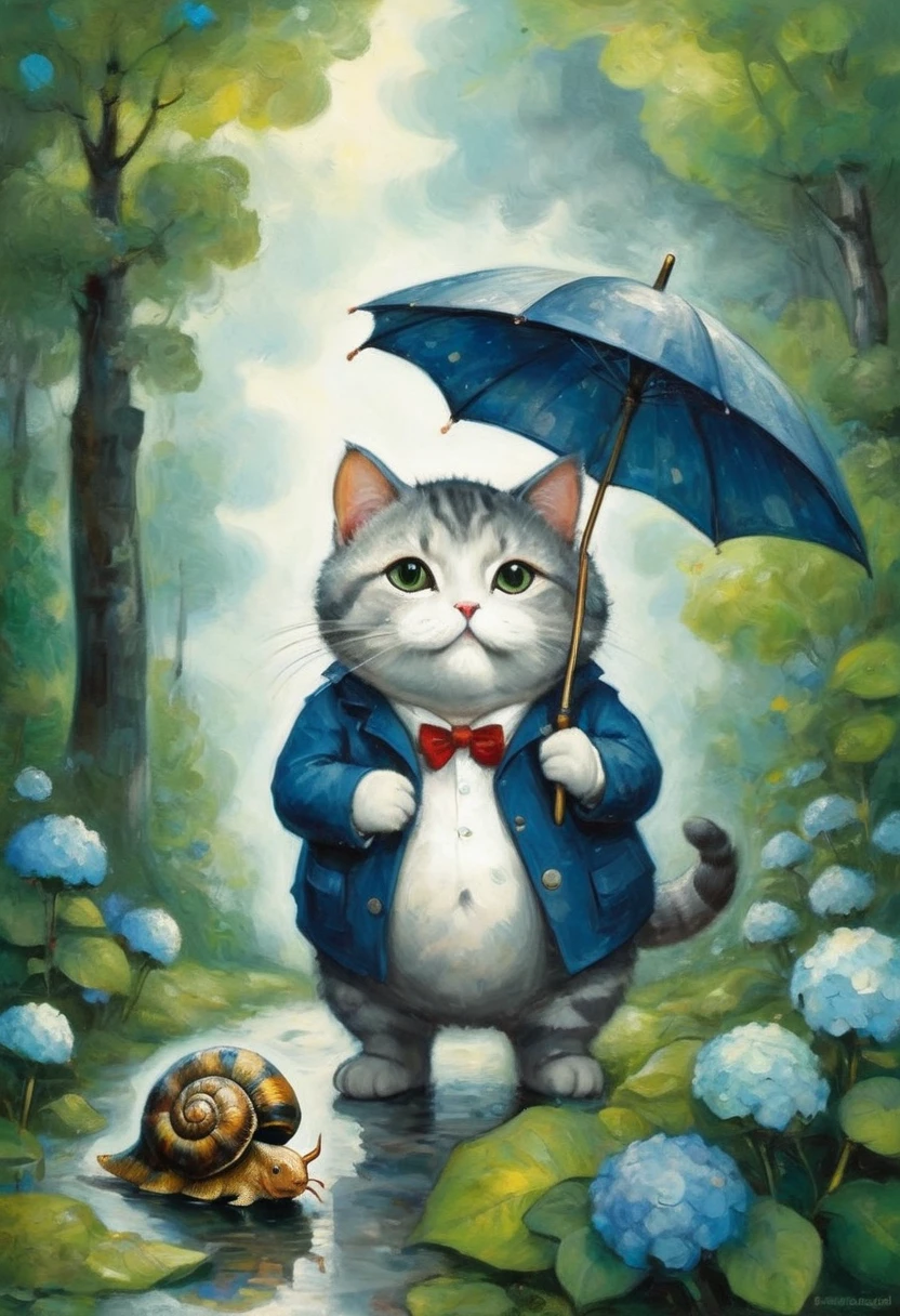 a chibi fat cat holding a umbrella, staring at a snail, hydrangea (Hydrangea macrophylla), raining, In the night woods, ((Marc Chagall style)), magical naive art, primitivism, protogen, ((Best quality, masterpiece)),
((((Highest detail), Impressionism:1,1, 8K