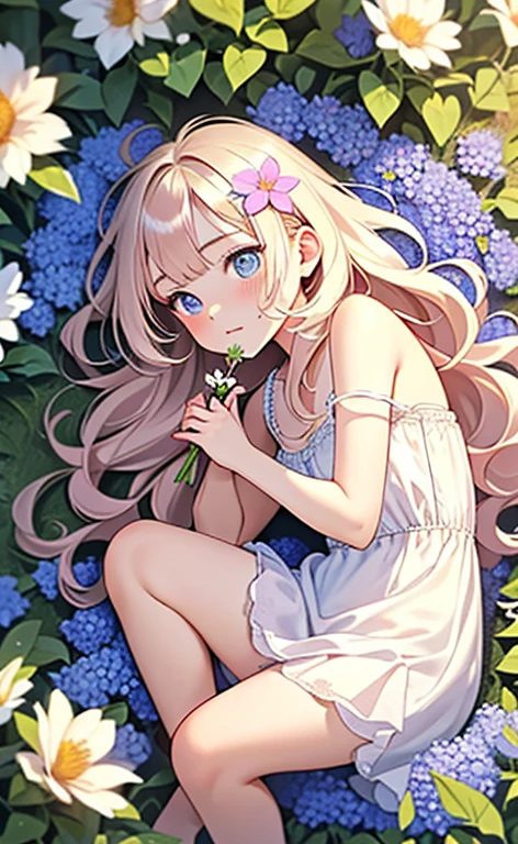 (masterpiece:1.4、top-quality、illustration:,realistic、)、(character focus、,cowboy shot:1.3)、(1girl),(clear face:1.3),(),cute face,blue eyes、(tareme:1.3)、(from above),
(fetal position in a flower field:1.4),(fetal position:1.4)、(looking out:1.5),、
(pink blonde hair),(very long hair:1.5)、
,(Flower Field:1.3、Flower storm:1.3),(white camisole dress:1.5),
(blunt bangs),(volumey,sidelocks,wavy hair:1.3), (small breasts)、
、slender、
