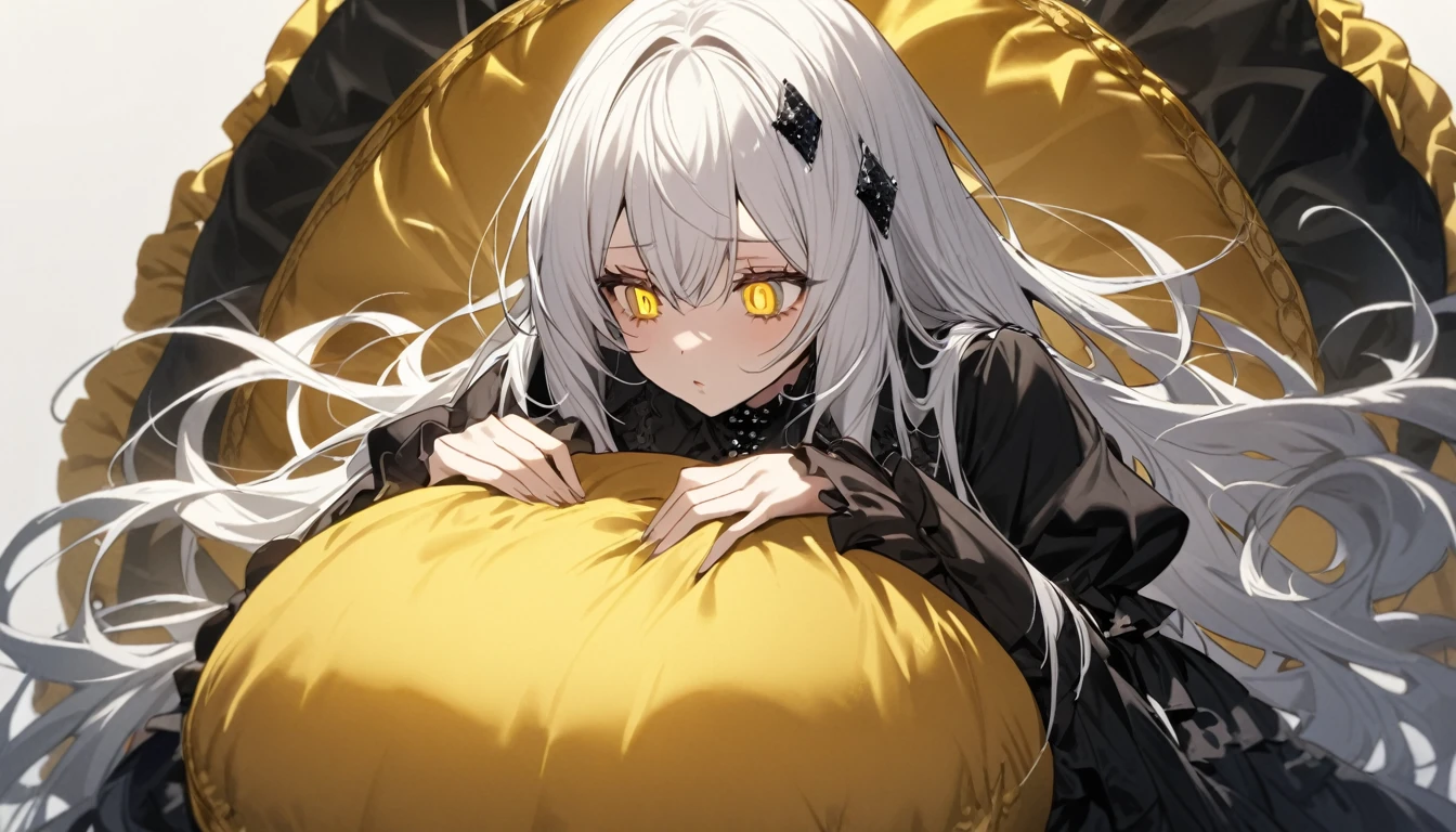 A woman, flowing white hair, melancholy eyes, yellow pupils, black diamond-shaped hairpin, The body sinks into a super huge golden silk cushion, Gothic Lolita clothing
