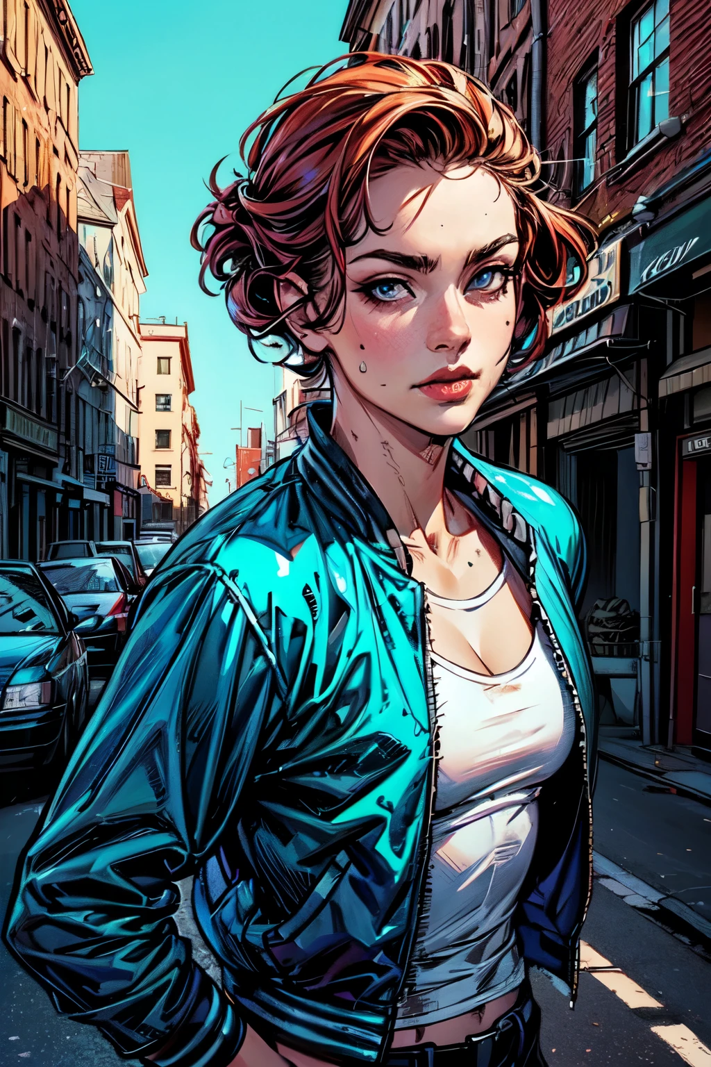 (best quality,4k,8k,highres,masterpiece:1.2),ultra-detailed,(realistic,photorealistic,photo-realistic:1.37),character concept art,comic book art,female,pale skin,slicked back red hair,athletic,letterman jacket,fashionable,drip,artistic,gentle smile,blue eyes,expressive eyes,mysterious look,striking appearance,confident presence,energetic pose,dynamic composition,background scenery of urban landscape,vibrant colors,bold brushstrokes,comic book style,colored ink lines,dramatic lighting and shadows