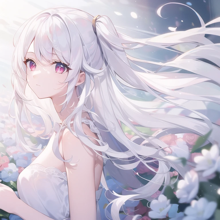 ((masterpiece, best quality))++, Detailed lighting+,  Detailed hair+, Detail hand+ ,1 girl, Miss, Long hair,   Deep red eyes,  beautiful eyes, young white hair,,(Beautiful white hair:1.5),(Beautiful and delicate eyes),  high resolution+,glass tint, Reflective eyes,   {{angle}} , Very detailed wallpaper, The original, ,Sea of Flowers，Air bangs，city road，Double ponytails