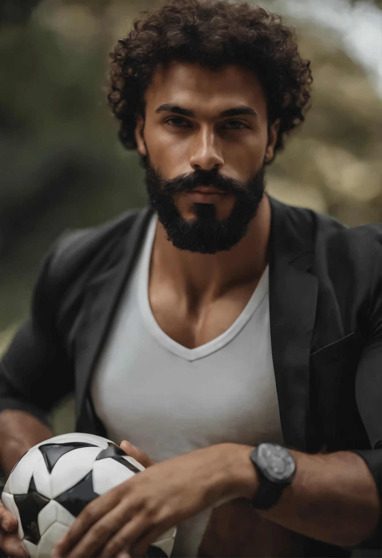 Homem africano musculoso com barba e bigode na camisa branca, best quality,4k,8k,homem muito atraente com barba, pelos faciais bem cuidados, FOFO, breath-taking, Realista, imagem ultrarrealista, Bigode Natural, macho velho,foto retrato suave 8 k, retrato muito detalhado, bigode grosso, estilo hiper-realista, barba fina e brilhante, pelos faciais curtos, Bartstoppeln, FOFO, rosto detalhado, retrato ultra realista, cabelos grisalhos,terno elegante, boca aberta, soccer player, soccer black jersey, curly hair