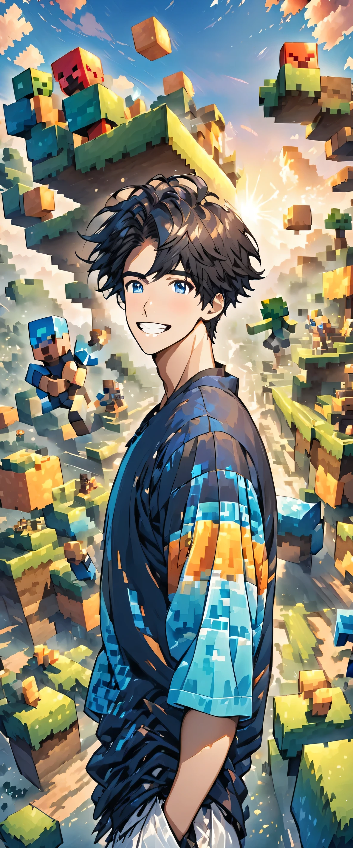 Boy , short hair, blue t-shirt , block pants, ager, perfect quality, happy smile, Minecraft background