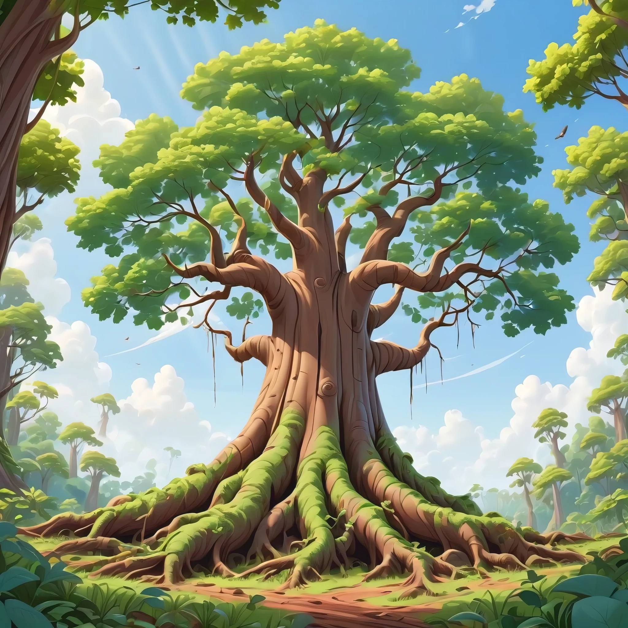 a tree with vector work with cartoon style a green leafy trunk and a brown trunk , with tree roots, a tall tree, background is full of little forest and blue sky,tree and plants,large tree, a beautiful tree, rich tree, trees and plants, Disney style