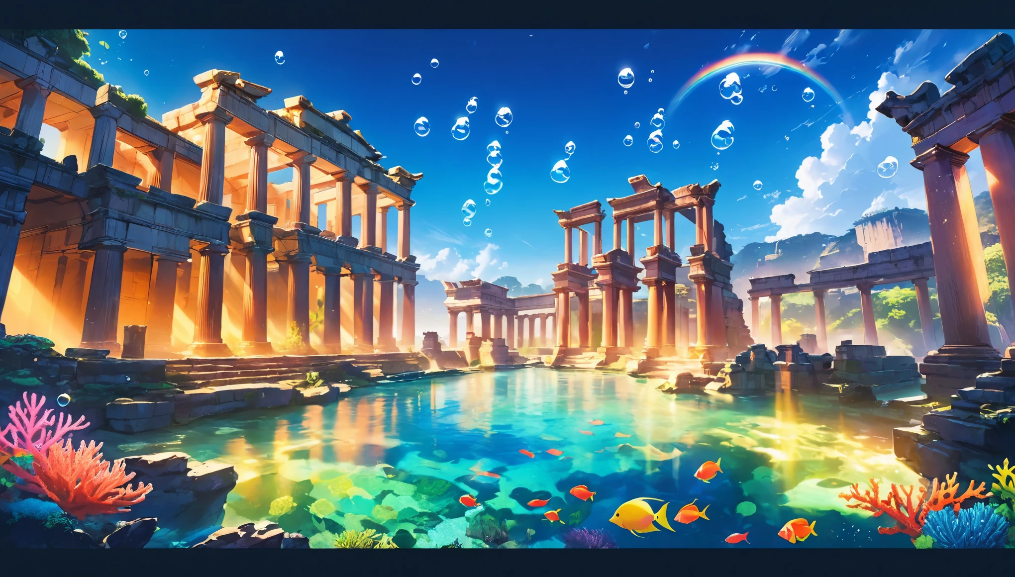 (Panorama, center, masterpiece, highest quality: 1.2), (8K、Raw photo、highest quality、look up:1.2、masterpiece:1.2、Genuineistic、Ultra-high resolution、High Contrast、Photon Mapping、Genuine、Very detailed、Official Art, Raw photo、professional Lighting、 Light、Vivid atmosphere、twiceLight) , , In the sea。In the sea,々Bubbles are bubbling。Ancient ruins can be seen。Different types、Colorful tropical fish swimming。You can see the corals and underwater plants。Primary color shades。Rainbow-colored。Green algae or seaweed。Even though it's underwater、As if you were on the ground。Captivating natural beauty,Shining Star Fragment, An atmosphere that exudes the excitement of adventure。An atmosphere that makes you feel happy and joyful。High Fantasy Worldview, Beautiful depiction of grand composition and proportions, Rainbow-coloredの光や銀色の蒸気の守護星雲, Corrosive Encirclement Ray Family Color, Slimy air,
