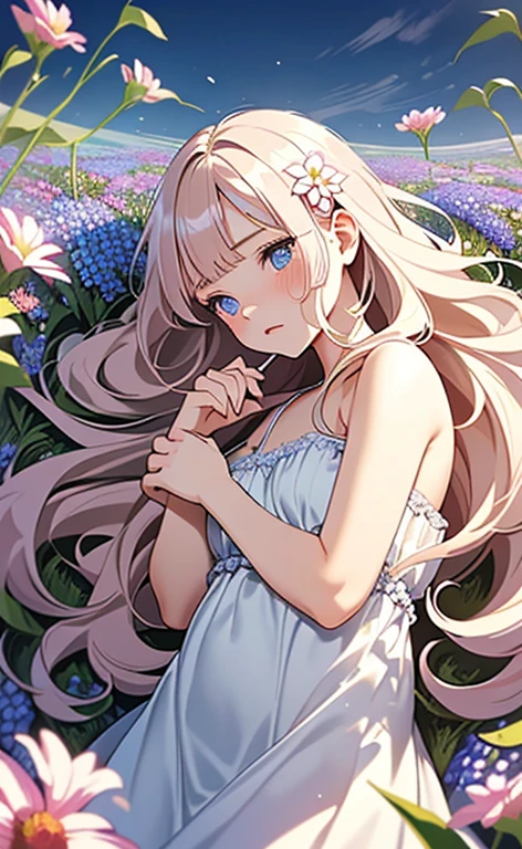 (masterpiece:1.4、top-quality、illustration:,realistic、)、(character focus、,cowboy shot:1.3)、(1girl),(clear face:1.3),(),cute face,blue eyes、(tareme:1.3)、(from above),
(fetal position in a flower field:1.4),(fetal position:1.4)、(looking out:1.5),、
(pink blonde　hair),(very long hair:1.5)、
,(Flower Field:1.3、Flower storm:1.3),（white camisole dress:1.5),
(blunt bangs),(volumey,sidelocks,wavy hair:1.3), (small breasts)、
、slender、