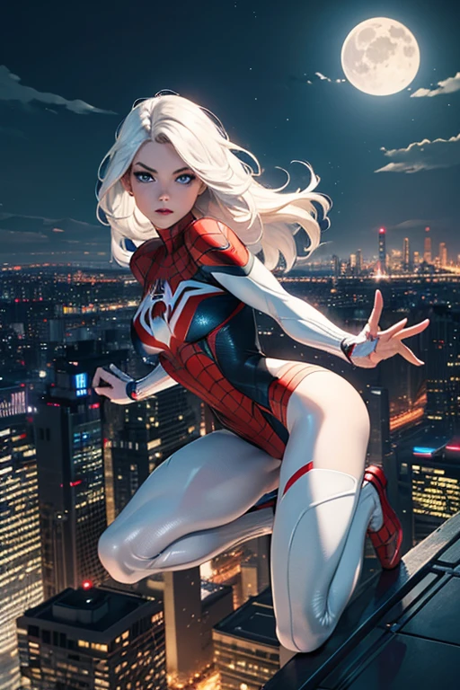 (Masterpiece, sexy, 4k resolution, ultra-realistic, very detailed), (White superhero theme, charismatic, there's a girl on top of town, wearing Spider-Man costume, she's a superhero), [ ((25 years), (long white hair:1.2), full body, (blue eyes:1.2), ((Spider-Man pose),show of strength, jumping from one building to another), ((sandy urban environment):0.8)| (cityscape, at night, dynamic lights), (full moon))] # Explanation: The Prompt mainly describes a 4K painting of ultra-high definition, very realistic, very detailed. It shows a superheroine at the top of the city, wearing a Spider-Man costume. The theme in the painting is a white superhero theme, the female protagonist has long white hair, is 25 years old and her entire body is shown in the painting. In terms of portraying the actions of superheroines, spiders are employed