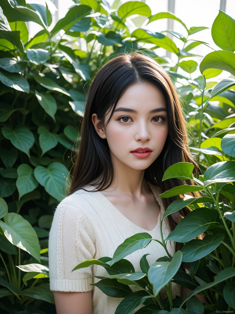 a girl in a greenhouse, detailed plants, beautiful sunlight, vibrant colors, soft shadows, oil painting, highres, realistic, peaceful atmosphere, delicate flowers, lush foliage, fresh air, intricate vines, botanical beauty