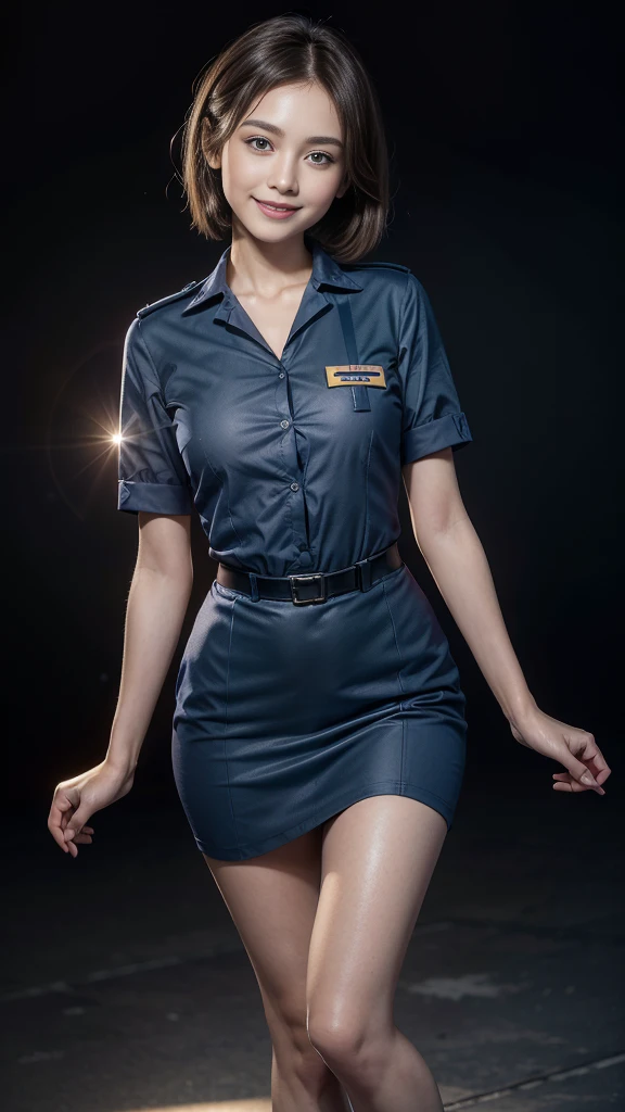 Ultra-high resolution, Ultra-realistic, (whole body), Gorgeous young girl, 24-years-old, Narrow waist, (skinny:1.6), Thin legs, ((Dark blue stewardess uniform))Wearing,(Brown short hair ), 珰, (Collier beautiful model:1.1), The background is in-flight、((What a lovely smile))、(Sexy、Attractive eyes)