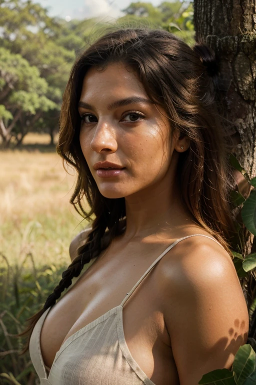 Gisele Soares Amil, tem um tom de pele marrom escuro com uma textura uniforme e natura, Her hair is brown and styled in twisted braids., que caem sobre seus ombros, your eyes are green , grandes e expressivos, with an intensity that captures attention, The shape of the face is oval, with prominent cheekbones, as mandibulas suavimente definida, a boca tem um formato naturalmente cheios , com labios de cor rosa suave, com batom vermelho, Ela exibe um ar calmo e sereno, and his expression suggests a contemplative stillness.Ela exibe um ar calmo e sereno, and his expression suggests a contemplative stillness.
Na savana sul da africa, ao por do sol, a Land Rover safari is stopped , envolto pela poera vermelha. the silence is broken only by the sounds of nature.No capo do veiculo, Gisele Soares Amil,contempla majestade da paisagem selvagem
