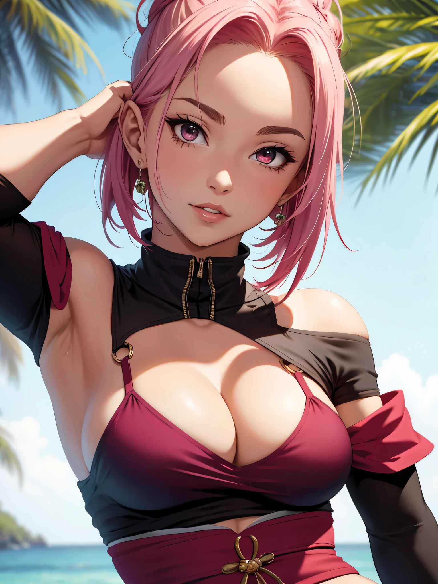 Armpit Show,masterpiece， The best quality at its best， One girl， Sakura Haruno， Large Breasts，Off-the-shoulder outfit，（Cleavage)，（Upper body close-up)，Raised to be sexy，I&#39;m shy，smile，Pink Hair， Long white hair， （Green eyeball:1.4)， Forehead Protection， Cherry tree，Fluttering cherry blossoms，Red clothes，Zipper half