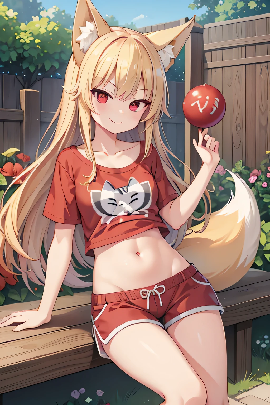 highest quality、Smirking face、Small breasts、Open chest、belly button、Fox ears、Long blonde、Red Eye、T-Shirts、Shorts、garden