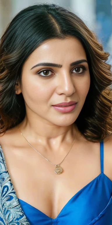 night scene, extreme closeup photo of naked samantha ruth prabhu with blue eyes, in bedroom, hourglass figure, swooping breasts, showing deep cleavage and navel, greek hair, necklace, sexy bra, look at viewer lusciously(photorealistic:1.3), intricate details