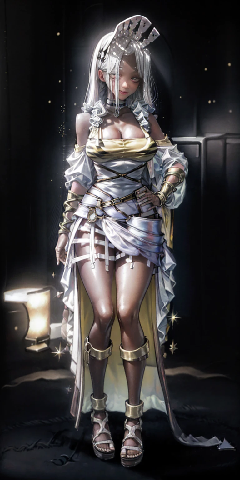 ((BLACK BACKGROUND 1:2, masterpiece)) 1solo female full body MILF BIMBO standing straight symmetrical with two long thighs and two metal sandals, red eyes like rubies, eye focus looking to the viewer, silver white hair, short bob style hair, big knockers breastplate, breastplate, cleavage, tiara royal, long cape up to two feet, yellow bikini (yellow tiger stripes), lustful smirking smiling, smile face (red blushed, red cheeks), pauldrons metal shoulders, gold sleeveless bracelets, separate sleeves, hands on waist hands OR hips, golden bracers, metal handcuffs, leather corset, red loincloth, black leather choker slave collar, shackles bracelets, slave red crest under navel, navel, big belt around waist OR hips, feet together, metal ankle, two long thighs and two metal sandals