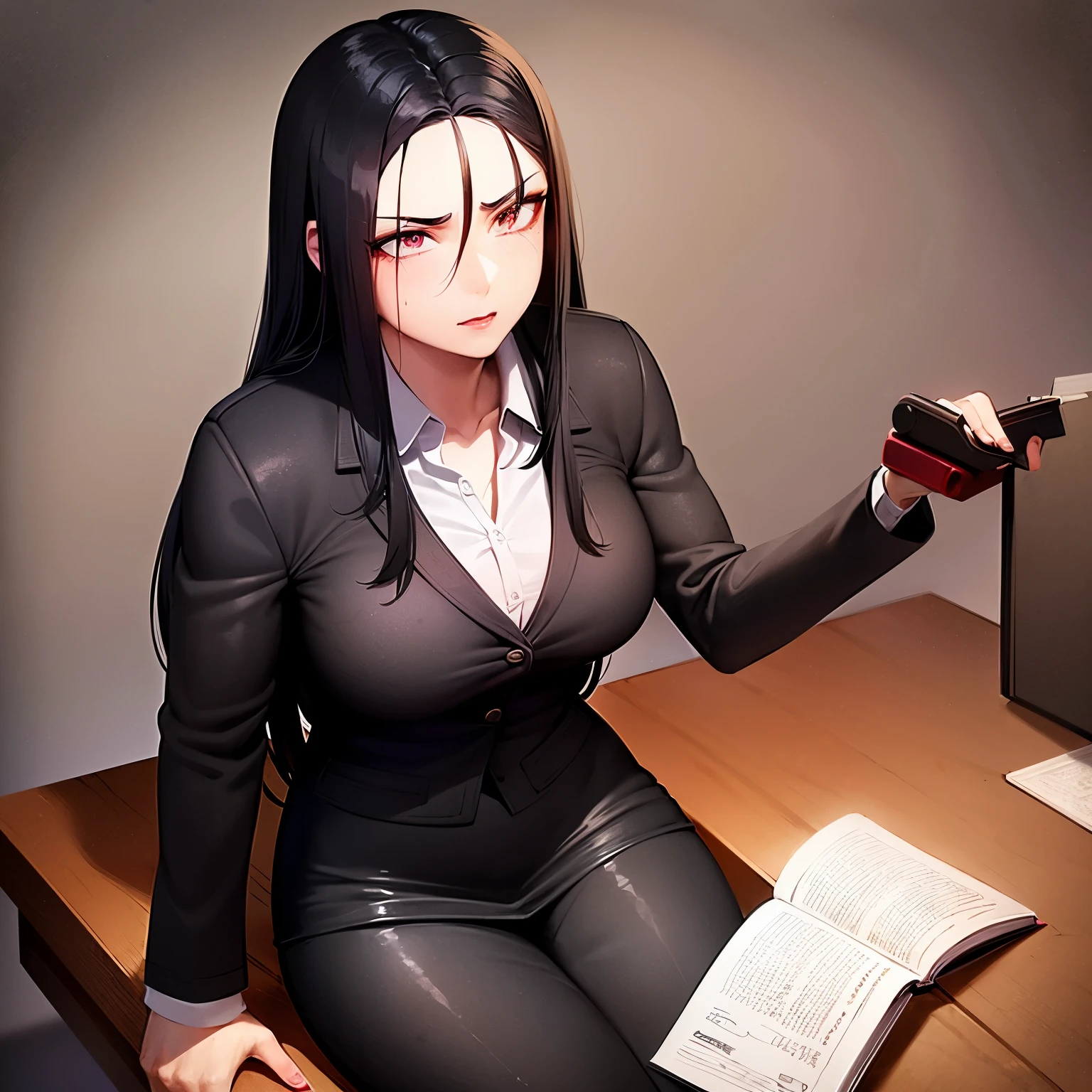 (( Dominant female, 23, highschool teacher, long black hair tied up, loose strands falling over face, crimson colored eyes, muscular build, sitting on desk, holding notebook))