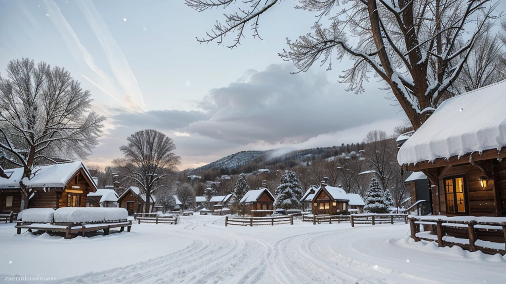 A winter village with snowfall, with tall winter trees