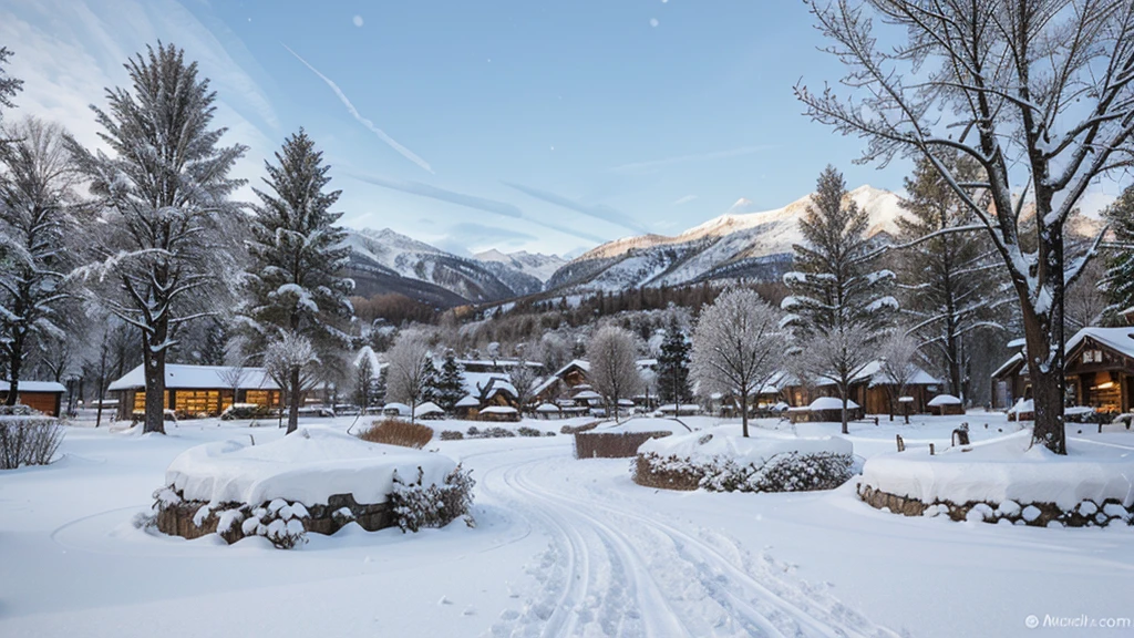 A winter village with snowfall, with tall winter trees