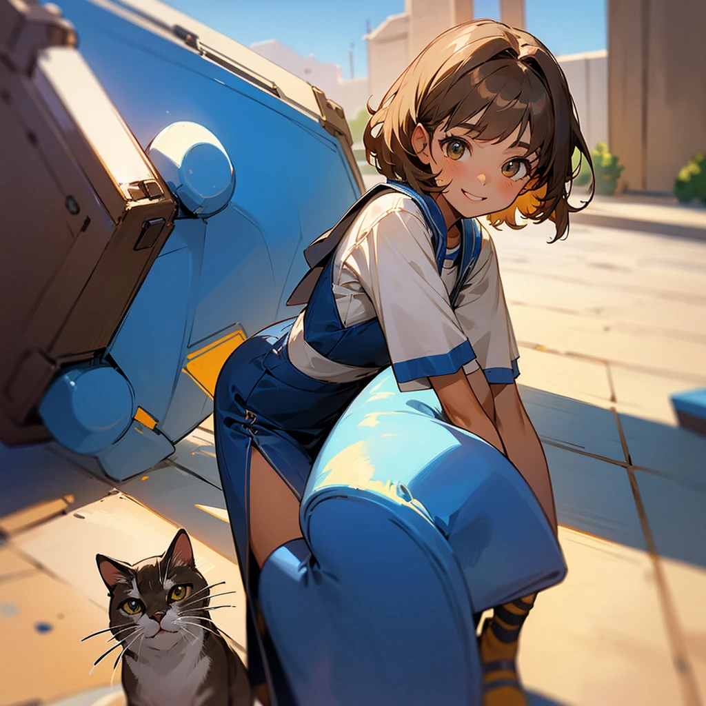 Cute girl ,17years old ,cat like eyes ,soft brownish skin ,brown short hair with blue stained,cute smile ,cute outfit ,8k
