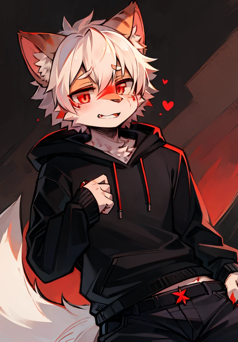 Cat，male，Furry ears，Fluffy tail，black sweatshirt，Black pants，high quality，Red pupils，Blood，dark，Wound