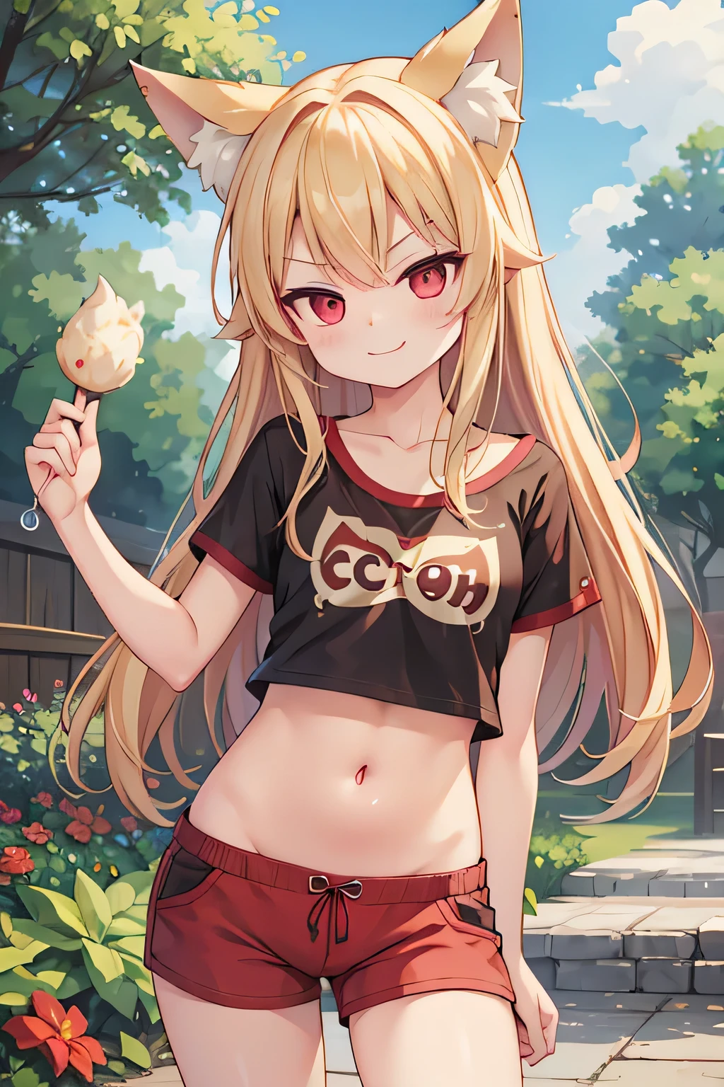highest quality、Smirking face、Small breasty chest is visible、belly button、Fox ears、Long blonde、Red Eye、T-Shirts、Shorts、garden
