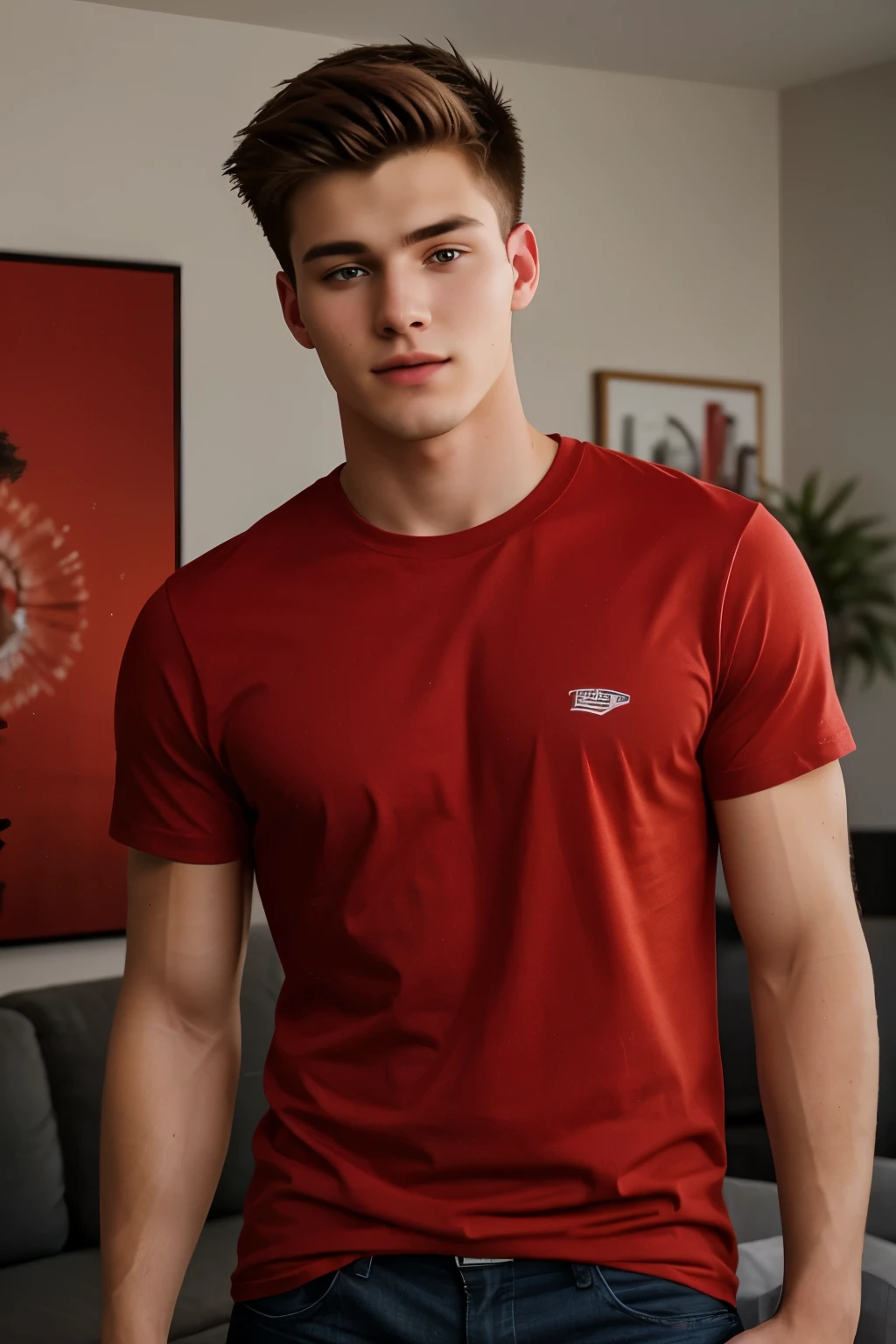 (photo-realistic:1.2),20 years old American man,standing in a modern living room,wearing a red T-shirt,looking at the camera,medium shot,4K,ultra-detailed,professionally lit,vivid colors