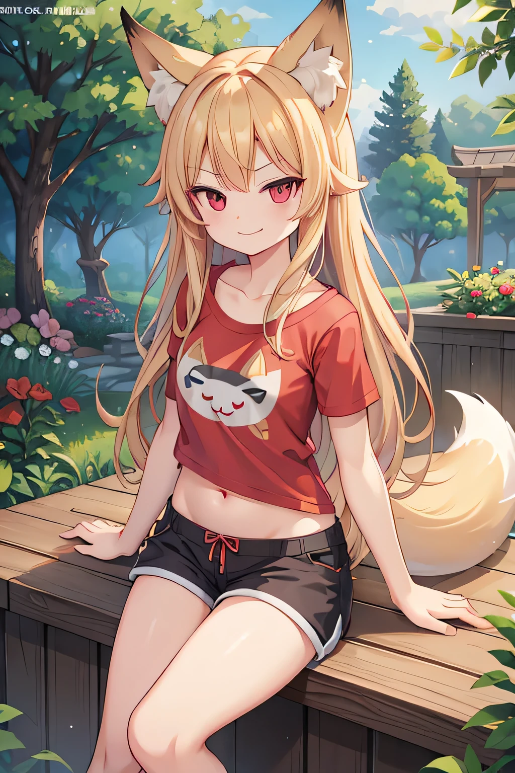 highest quality、Smirking face、Small breasty chest is visible、belly button、Fox ears、Long blonde、Red Eye、T-Shirts、Shorts、garden