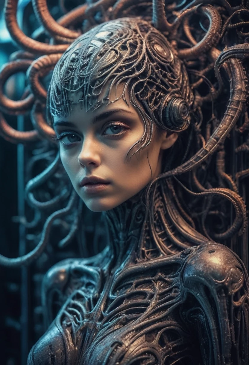 Hr giger tattooed sexy seductive dead girl, perfect face, hyper detailed neon, full body portrait,