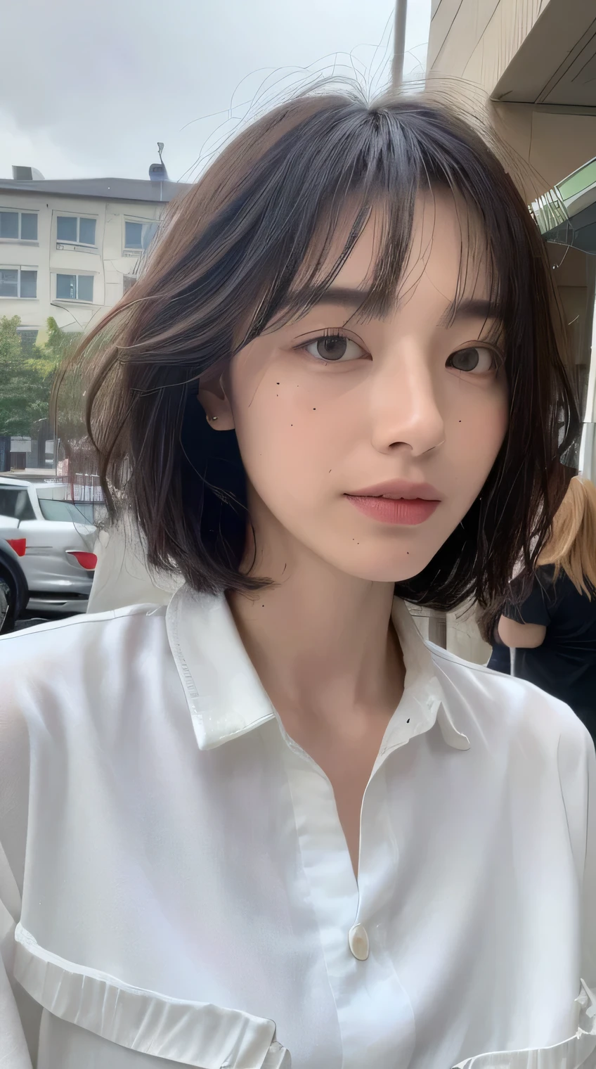 ((highest quality, 8k, masterpiece: 1.3)), Sharp focus: 1.2, Perfect figure: 1.4, Slim Abs: 1.2, ((Layered Haircut, big: 1.2)), (White long shirt with white buttons: 1.1), (rain, street: 1.2), Wet body: 1.5, Highly detailed face and skin texture, Fine grain, Japanese people々, Embarrassing